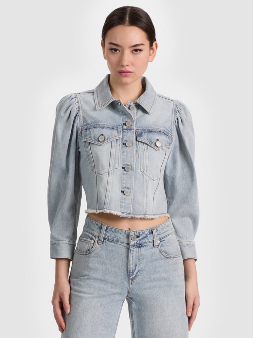 Alice + Olivia Lana Puff-Sleeve Denim Jacket Rockstar Blue Raw Hem XS
